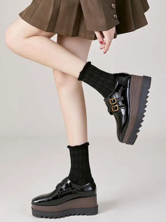 Femme Boucle Bout Carré Talon Compensé Cuir Verni