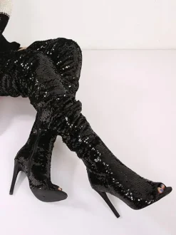 Femme Talon Aiguille Cuissardes Pailleté Tissu Bottes