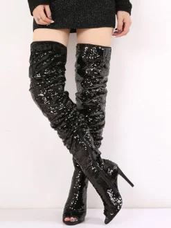 Femme Talon Aiguille Cuissardes Pailleté Tissu Bottes
