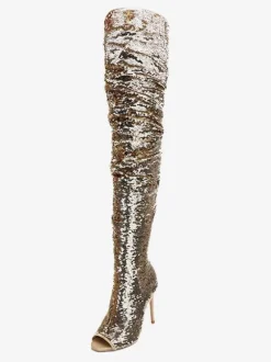 Femme Talon Aiguille Cuissardes Pailleté Tissu Bottes