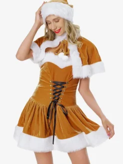 Femme Tunique de Noël Café Marron Chapeau Cape Robe Polyester Costumes de vacances de Noël