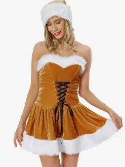 Femme Tunique de Noël Café Marron Chapeau Cape Robe Polyester Costumes de vacances de Noël