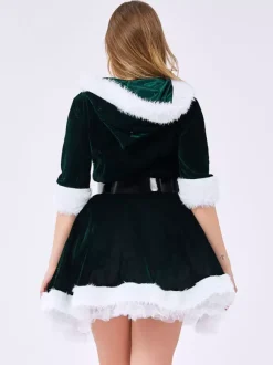 Femme Costume De Noël Col En V Fourrure Velours Robe Patineuse Vert Foncé Déguisement Noël