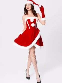 Femme Ensemble Robe Sexy Rouge Cosplay Costume Déguisements Noël