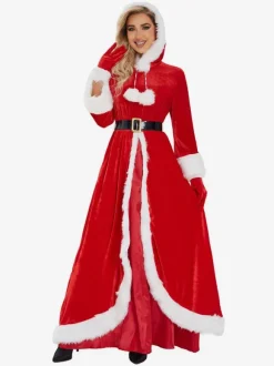 Femme Robe de Noël Rouge Gants en Fibre de Polyester Robe Ceinture Polyester Bicolore Costumes de vacances de Noël