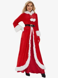 Femme Robe de Noël Rouge Gants en Fibre de Polyester Robe Ceinture Polyester Bicolore Costumes de vacances de Noël