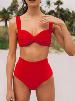 Femmes deux pièces maillots de bain jaune bretelles nouées cou taille surélevée été Sexy maillots de bain