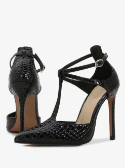 Femmes Noir T Sangle Talons pointus Toe Stiletto Talon Pompes