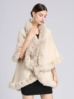 Femmes Poncho Col En Fausse Fourrure Cape Printemps Vêtements D'extérieur