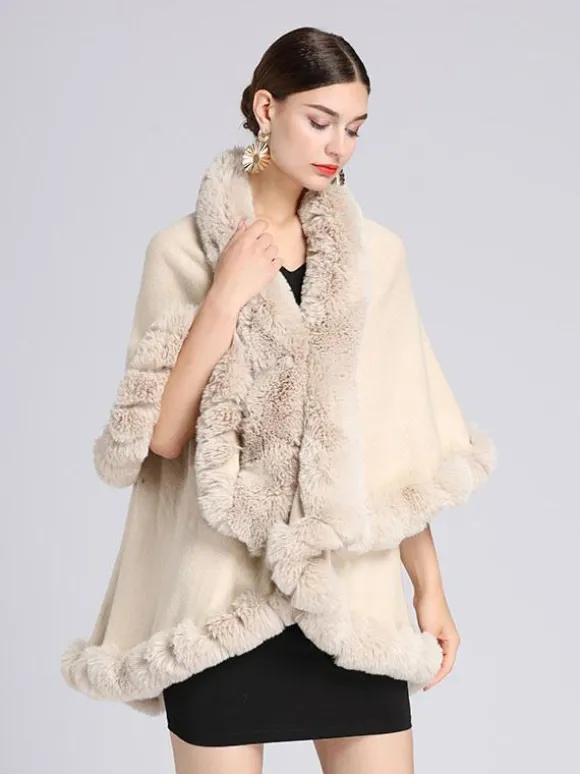 Femmes Poncho Col En Fausse Fourrure Cape Printemps Vêtements D'extérieur