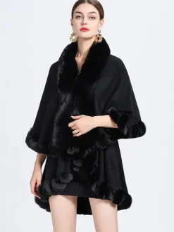 Femmes Poncho Col En Fausse Fourrure Cape Printemps Vêtements D'extérieur