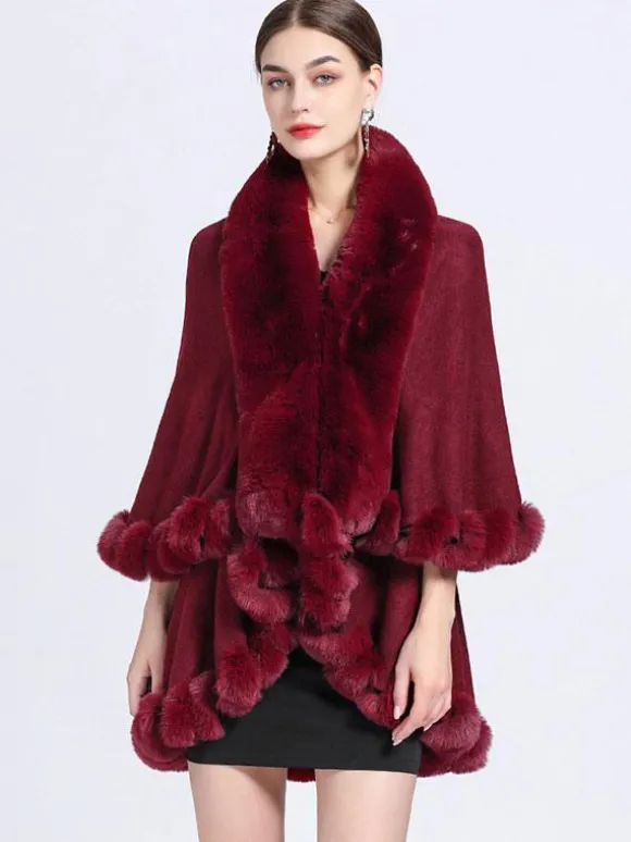 Femmes Poncho Col En Fausse Fourrure Cape Printemps Vêtements D'extérieur