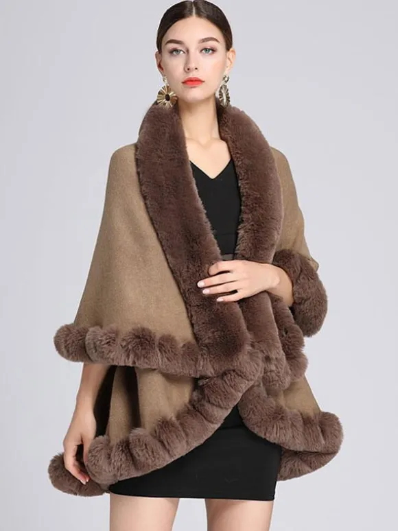 Femmes Poncho Col En Fausse Fourrure Cape Printemps Vêtements D'extérieur