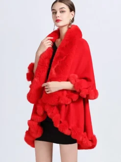 Femmes Poncho Col En Fausse Fourrure Cape Printemps Vêtements D'extérieur