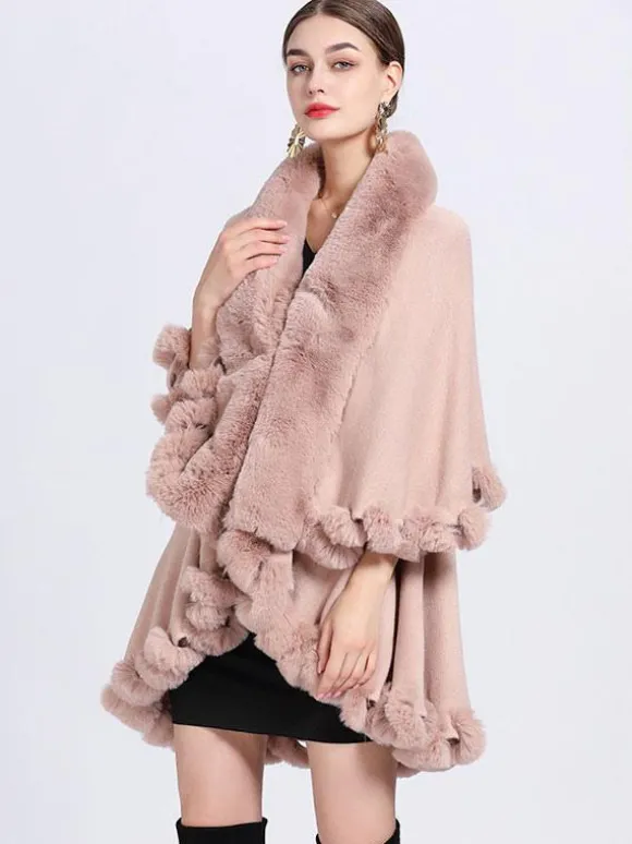 Femmes Poncho Col En Fausse Fourrure Cape Printemps Vêtements D'extérieur