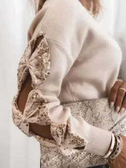 Femmes Pull Chandail Abricot À Manches Avec N艙uds Paillettes Col Rond Manches Longues