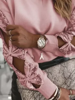 Femmes Pull Chandail Abricot À Manches Avec N艙uds Paillettes Col Rond Manches Longues