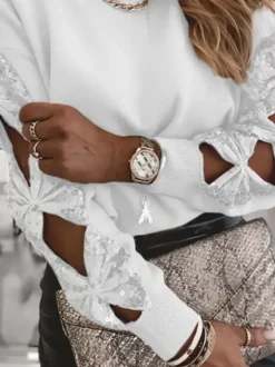 Femmes Pull Chandail Abricot À Manches Avec N艙uds Paillettes Col Rond Manches Longues