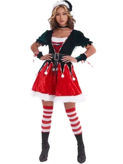 Femmes Robe Tunique Déguisement Noël Rouge Polyester Ensemble Chapeau Polyester Costumes De Cadeau Noël