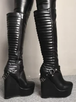 Femmes Sexy Bottes Plateforme Talon Compensé Rave Club Noir Longueur Au Genou Bottes