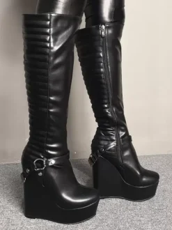 Femmes Sexy Bottes Plateforme Talon Compensé Rave Club Noir Longueur Au Genou Bottes