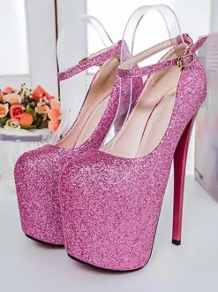 Femmes Sexy talons hauts rose bout carré paillettes bride à la cheville talons aiguilles chaussures Sexy