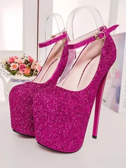 Femmes Sexy talons hauts rose bout carré paillettes bride à la cheville talons aiguilles chaussures Sexy