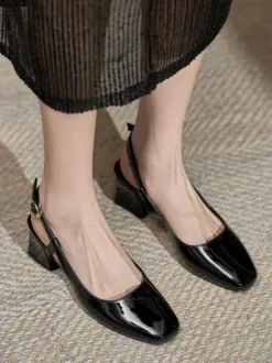 Femmes Talons Mi-Bas À Lacets Bout Carré Escarpins À Talons Épais Quotidien Décontracté Bordeaux