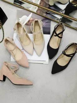 Femmes talons mi-bas noir bout pointu talon épais sangle de cheville réglable croisé escarpins