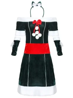 Femmes Costume De Noël Ensemble Complet Robe Tunique Vert Foncé Polyester Fibre Robe Gants Noël Vacances Costumes Cadeau Noël Déguisement