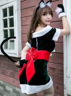 Femmes Costume De Noël Ensemble Complet Robe Tunique Vert Foncé Polyester Fibre Robe Gants Noël Vacances Costumes Cadeau Noël Déguisement