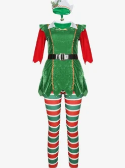 Femmes Robe Tunique De Noël Vert Robe Chapeau Collant Polyester Costumes De Vacances De Noël Cadeau Noël Déguisement