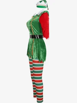 Femmes Robe Tunique De Noël Vert Robe Chapeau Collant Polyester Costumes De Vacances De Noël Cadeau Noël Déguisement
