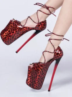 Femmes Sexy Sandales Rouge PU Cuir Bout Ouvert Talon Aiguille À Lacets Sexy À Lacets Talons Stripper Chaussures