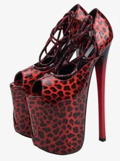 Femmes Sexy Sandales Rouge PU Cuir Bout Ouvert Talon Aiguille À Lacets Sexy À Lacets Talons Stripper Chaussures