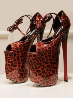 Femmes Sexy Sandales Rouge PU Cuir Bout Ouvert Talon Aiguille À Lacets Sexy À Lacets Talons Stripper Chaussures