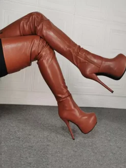 Femmes Sur Le Genou Plus La Taille Bottes À Talons Aiguilles En Cuir PU Rose Cuissardes Bottes