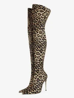 Femmes sur les bottes au genou talon aiguille bout pointu en cuir PU cuissardes