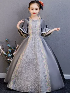Fibre de polyester Tea Party Drapé Manches 3/4 Robe d'été en polyester Imprimé fleuri Gris Robes Lolita pour enfants