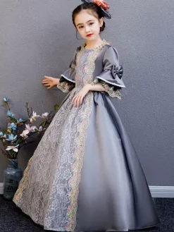 Fibre de polyester Tea Party Drapé Manches 3/4 Robe d'été en polyester Imprimé fleuri Gris Robes Lolita pour enfants