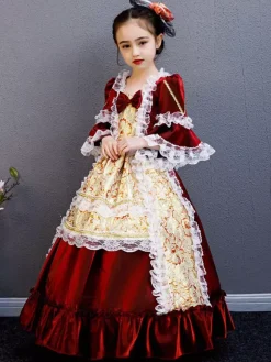 Fibre de polyester Tea Party Drapé Manches 3/4 Robe d'été en polyester Imprimé floral Bordeaux Robes Lolita pour enfants