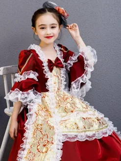 Fibre de polyester Tea Party Drapé Manches 3/4 Robe d'été en polyester Imprimé floral Bordeaux Robes Lolita pour enfants