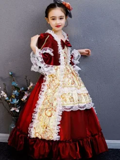 Fibre de polyester Tea Party Drapé Manches 3/4 Robe d'été en polyester Imprimé floral Bordeaux Robes Lolita pour enfants