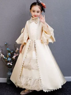 Fibre de polyester Tea Party Drapé Manches 3/4 Robe d'été en polyester Imprimé floral Bordeaux Robes Lolita pour enfants