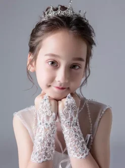 Gants de fille de fleur blanche strass