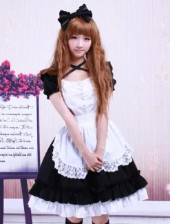 Garniture en dentelle de coton noir doux Maid Lolita monobloc tablier blanc manches courtes Déguisements Halloween