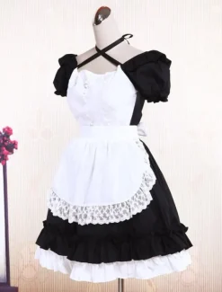 Garniture en dentelle de coton noir doux Maid Lolita monobloc tablier blanc manches courtes Déguisements Halloween