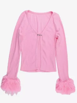 Gilet court à poignets en fourrure rose pour femme - Haut côtelé à manches longues et col en V style années 2000 - Boléro sexy pour soirées en club 2026