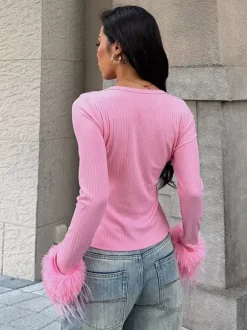 Gilet court à poignets en fourrure rose pour femme - Haut côtelé à manches longues et col en V style années 2000 - Boléro sexy pour soirées en club 2026