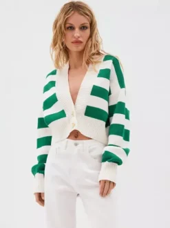 Gilet court rayé à col en V pull boutonné en maille pour femme 2026